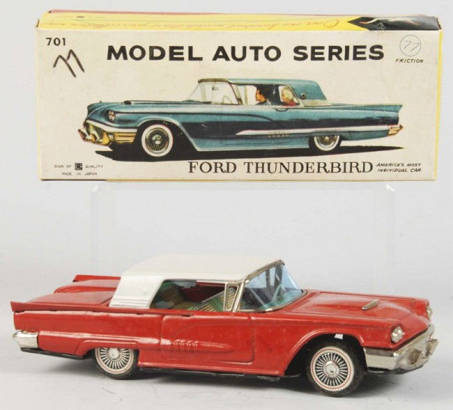 Tin Litho Ford Thunderbird Friction Toy.: Japanese. Working. Made by Bandai. Very little wear overall. Includes original box and tissue paper. Box with some creasing. Old store stock. Size: 8" L. Condition: (Very Good - Excellent).