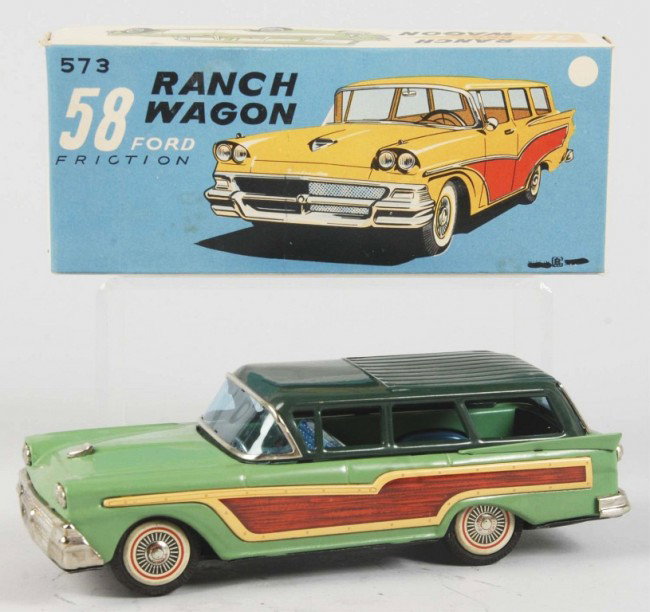 Tin Litho Ford Ranch Wagon Friction Toy.: Japanese. Working. Made by Bandai. Unusual color combination with wood grain side panels. Original price sticker on bottom dated "1958". Very little wear overall. Includes original box. Old store stoc