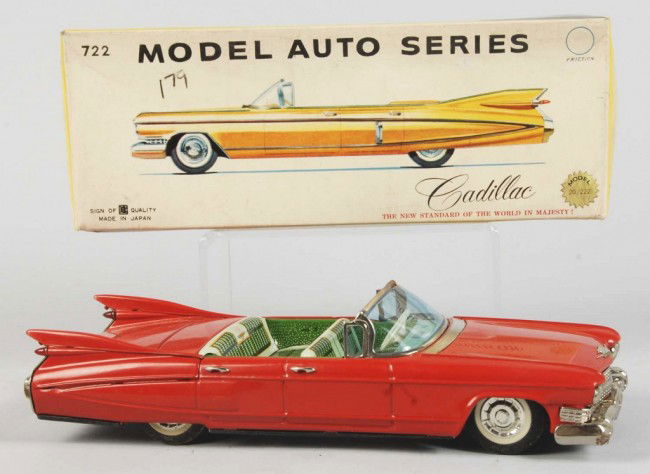 Tin Litho 1959 Cadillac Convertible Friction Toy.: Japanese. Working. Made by Bandai. Some oxidation and pitting to right top of windshield and right rear taillight. Includes original box with tissue paper. Old store stock. Size: 11" L. Condition: (Ex