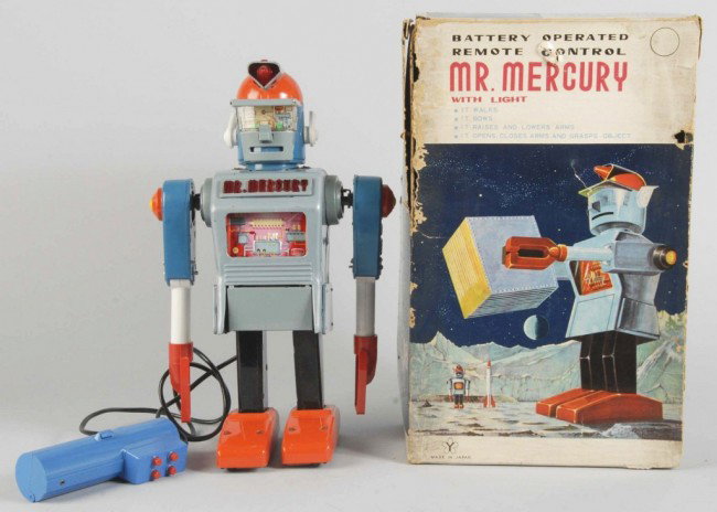 Tin Mr. Mercury Robot Battery-Operated Toy.: Japanese. Made by Yonezawa. Variation with light on head. Working. Chest plate has plastic embossed letters that say "Mr. Mercury". When in operation, toy moves in four different modes and is operated
