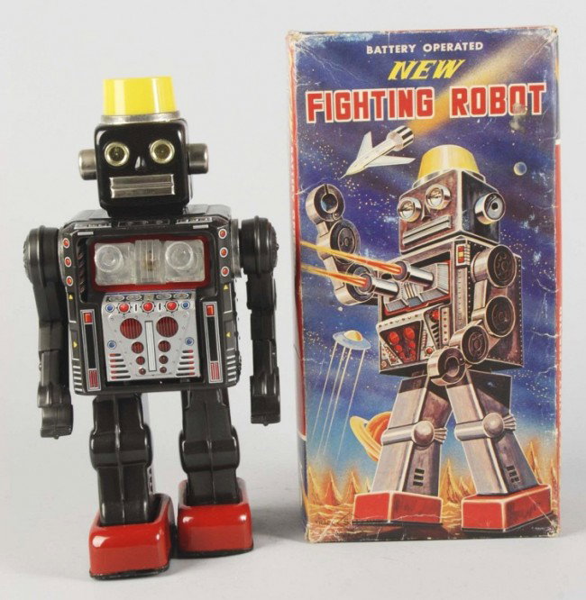 Tin Litho Fighting Robot Battery-Operated Toy.: Japanese. Working. Made by SH. When in operation, arms move back and forth and guns move forward and backward. Includes original box with some creasing throughout. Size: 11 - 1/2" T. Condition: (Very 