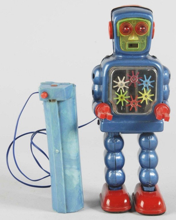 Tin High Wheel Robot Battery-Operated Toy.: Japanese. Made by KO. Working. Plastic remote control. When in operation, robot walks and gears spin inside plastic chest plate. Original plastic hands. Some scratching and wear, especially to right a