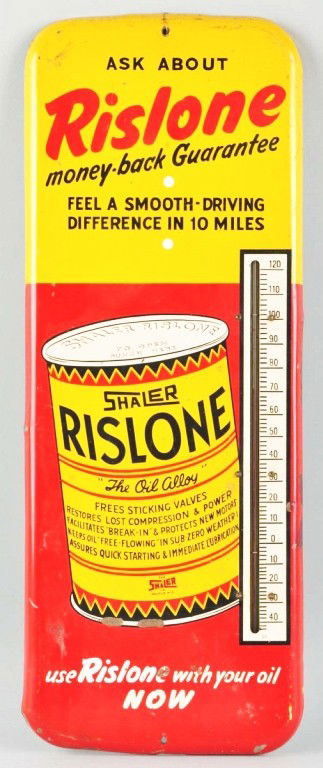Porcelain Rislone Oil Thermometer.: Beautiful graphics. Size: 25 - 3/4" T. Condition: (Excellent Plus).