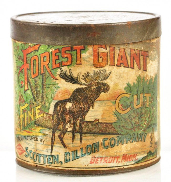 Forest Giant Tobacco Mixture Tin.: Very scarce Forest Giant Fine Cut Tobacco manufactured by Scotten, Dillon Company. Nice image of moose on front side/paper label. Size: 4" T. Condition: (Very Good).