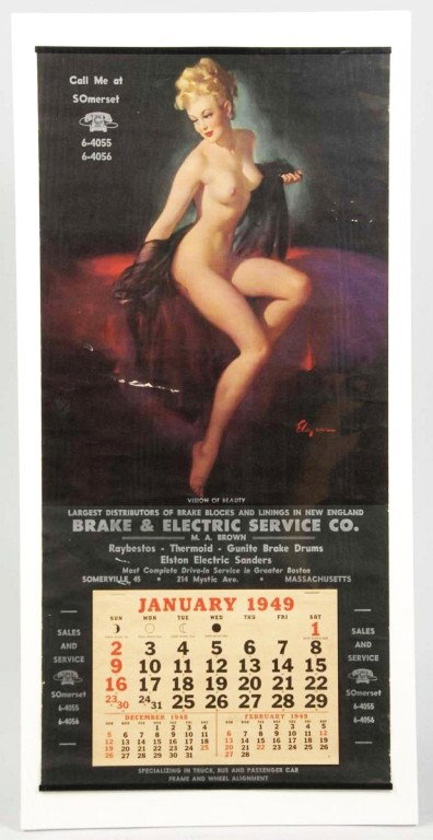 1949 Elvgren Nude Calendar from Summerville, MA.: Titled "Vision of Beauty". Very clean and bright with just a few minor nicks and chips to background areas and minor edge marks near bottom. Size: 23" x 11". Condition: (Excellent).