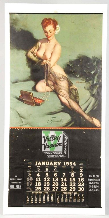1954 Elvgren Nude Calendar.: Titled "Fascination". One small closed tear near top left at metal strips, a few small spots, light stains, and light wear. Size: 33" x 16". Condition: (Very Good Plus).