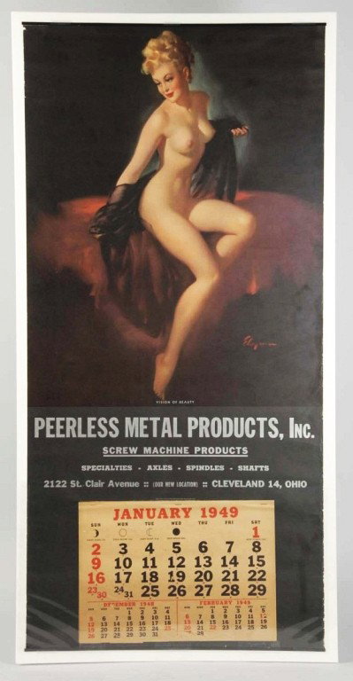 1949 Elvgren Nude Calendar from Cleveland, OH.: Titled "Vision of Beauty". Oversized calendar is clean, bright, and crisp with just some very minor edge wear and shallow wrinkles. Size: 46" x 22". Condition: (Excellent).