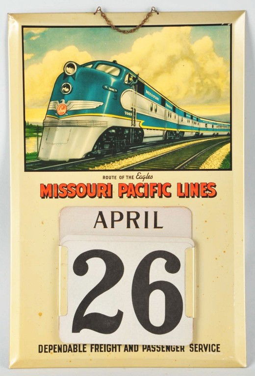 Celluloid Over Cardboard Pacific Lines Calendar.: Circa 1950s. Complete set of date cards. Nice image of train. Size: 19" x 12 - 3/4". Condition: (Excellent).