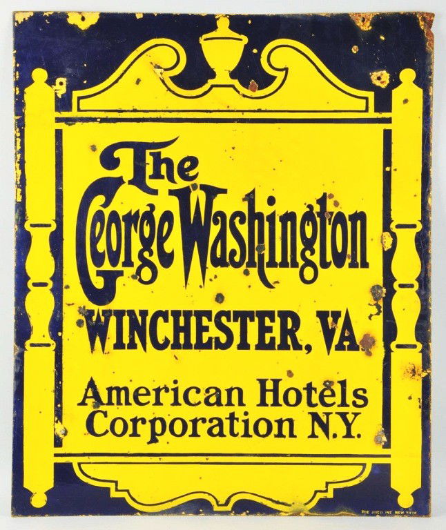 Porcelain Two-Sided George Washington Hotel Sign.: Two-sided. Size: 36" x 30". Condition: (Excellent Plus). ADDITION – This sign is Porcelain.