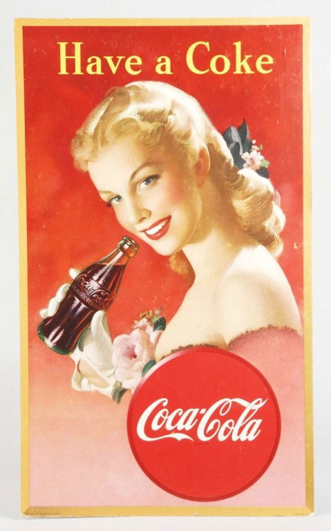 1948 Coca-Cola Vertical Poster.: Features girl with bottle. A few minor surface marks and rubs and general overall light wear. Size: 27" x 16". Condition: (Excellent).