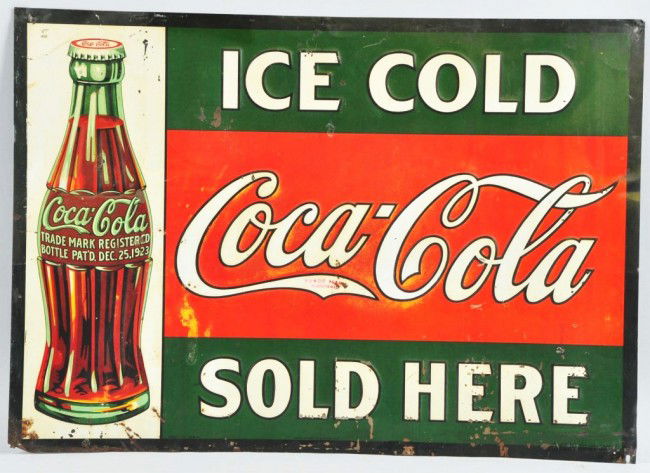 Coca-Cola Embossed Tin Sign.: Circa 1920s. Ice Cold Coca-Cola Sold Here with Dec. 25, 1923 Christmas bottle. Size: 27 - 1/2" x 19 - 1/2". Condition: (Very Good).