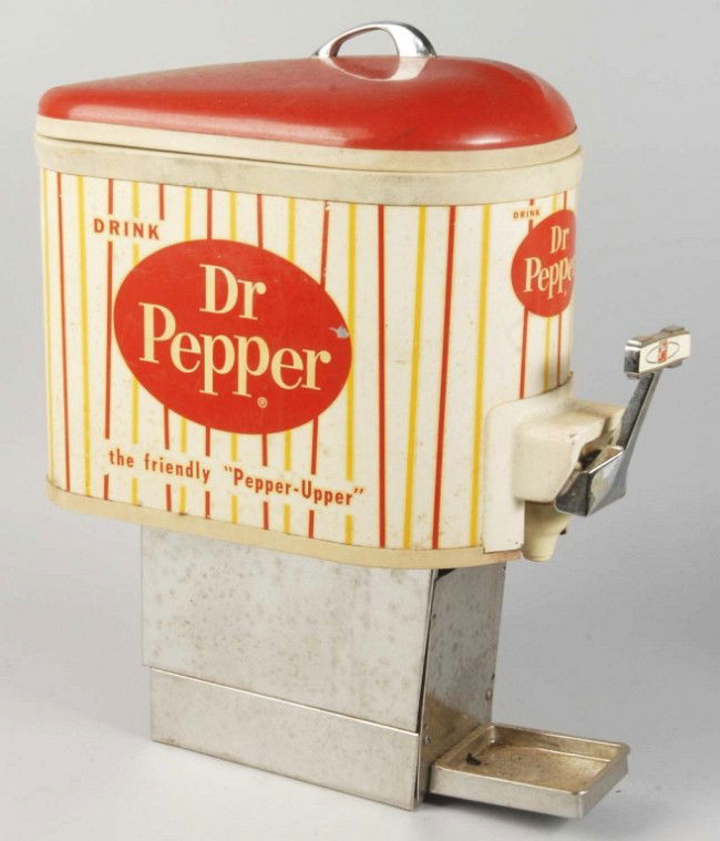 Dr. Pepper Drug Store Soda Fountain Dispenser.: Circa 1950s. Nice dispenser that is rarely encountered in the marketplace. Bright colorful graphics with just medium soiling and minor rust along bottom. Size: Approx. 22" T. Condition: (Very Good).