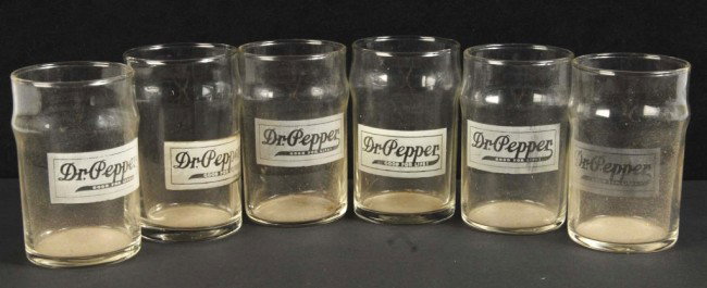 Set of 6: Dr. Pepper Etched Glasses.: Very strong etching on all six glasses with only medium soiling. Size: Each: 3 - 1/2" T. Condition: (Near Mint).