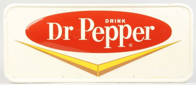 Embossed Tin Dr. Pepper Sign.: 1960s. Only a few minor edge scrapes and almost no wear. Size: 11 - 3/4" x 27 - 3/4". Condition: (Near Mint).