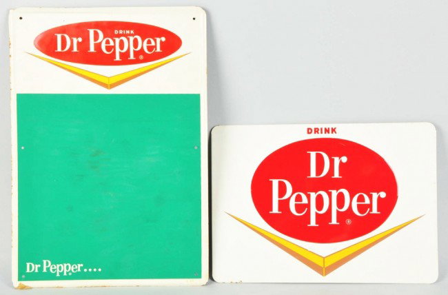 Lot of 2: Tin Dr. Pepper Signs.: 1960s. Includes one menu board and one medium rack sign. No wear noted except for some minor edge wear to rack sign. Also some minor stains to menu board. Size: Largest: 20" x 14". Condition: (Excelle
