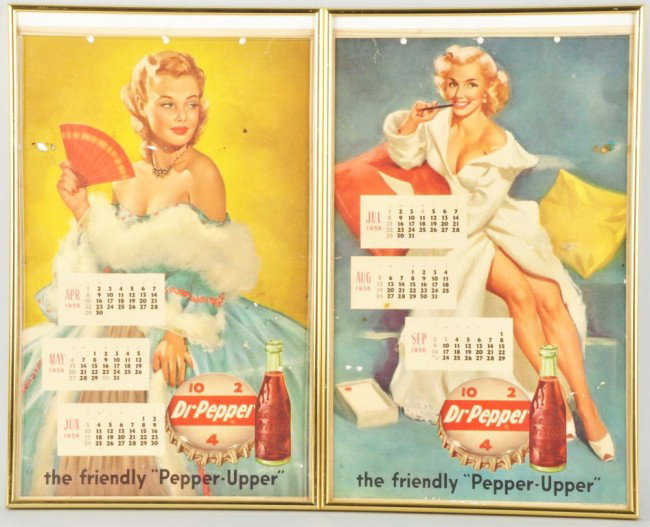 Lot of 2: 1956 Dr. Pepper Calendar Pages.: Both are framed under glass. A few small holes, medium wear, and soiling. Size: Each framed: 21 - 1/4" x 13 - 1/4". Condition: (Good - Very Good).