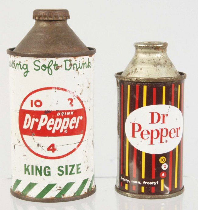 Lot of 2: Dr. Pepper Cone Top Cans.: Largest is a 12-ounce can and the smallest is probably a 6.5-ounce can. Larger can with heavier overall wear, scratching, and light surface rust to top while the smaller can is better, brighter, and s