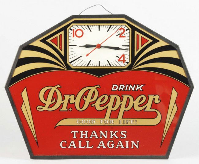Replica of 1930s Dr. Pepper Clock.: 1960s. Some feel that this clock is old and authentic and others feel it is a 1960s or 1970s replica. We are calling it a 1930s replica even though it has a period mechanism on the back and repainted