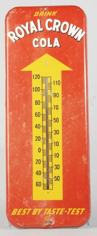 Lot of 2: RC Cola & 7up Thermometers.: 7up thermometer is made of aluminum and is circa 1960s to 1970s. Some shallow crimps and light wear. RC Cola thermometer is painted tin and circa 1940s to 1950s. Some scuffs, scratches, bends, and ove