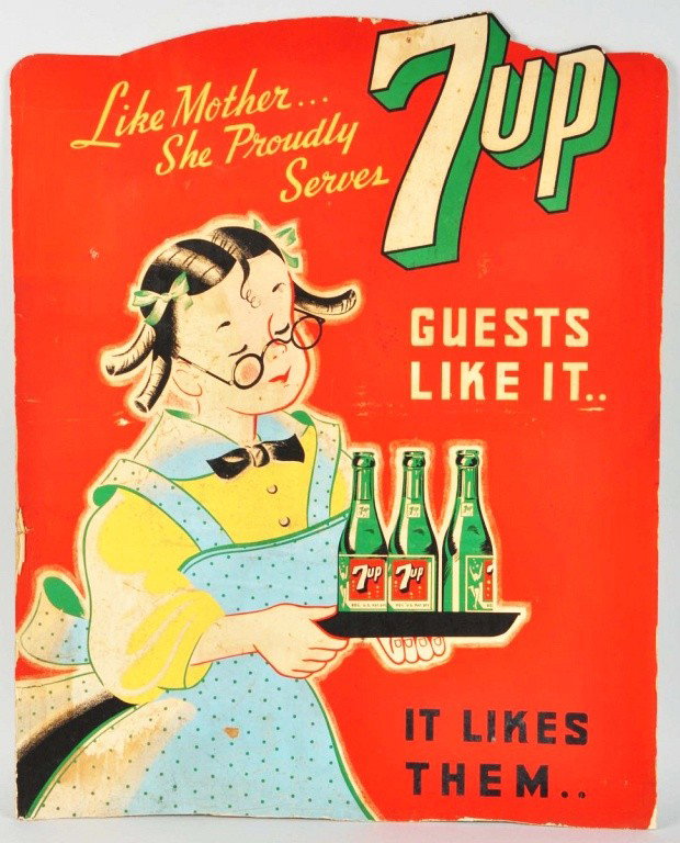 Cardboard 7up Cutout Poster.: 1940s to 1950s. Some medium to heavy soiling, spots, stains, and light wear. Size: 35 - 1/4" x 28 - 3/4". Condition: (Good - Very Good).