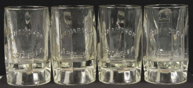 Lot of 4: Heavy Richardson Root Beer Glass Mugs.: 1940s. No wear with only light soiling. Size: Each: 5 - 1/4" T. Condition: (Near Mint).