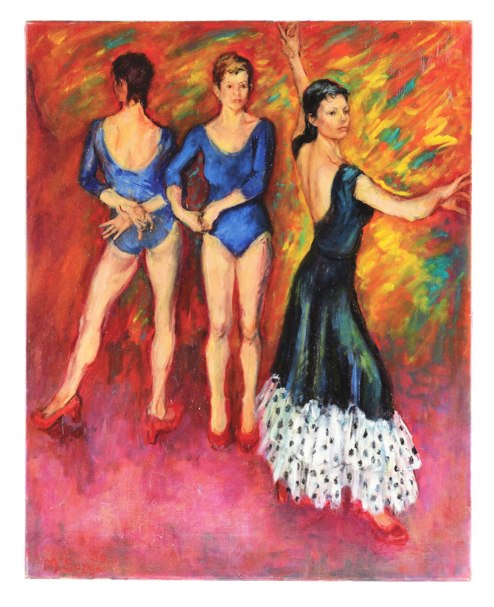 MOSES SOYER (1899 - 1974) FEMALE DANCERS OIL ON CANVAS PAINTING.: Moses Soyer (American, 1899 - 1975), an original oil on canvas painting of a group of female dancers. This painting is unframed, with bold and very vibrant colors. Signed by artist in lower-left corne