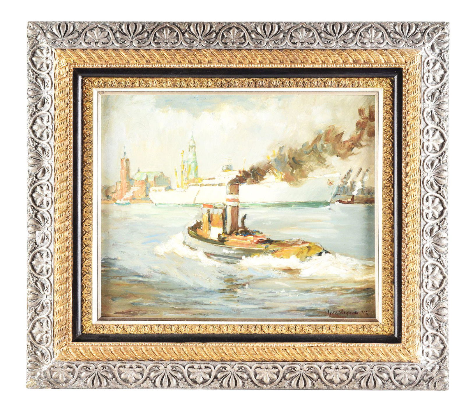 GUY CARLETON WIGGINS (AMERICAN 1883 - 1962) "NEW YORK HARBOR SECNE".: A gorgeous seascape oil on panel painting depicting a scene of New York Harbor with steamboat, masterfully painted by Guy Carleton Wiggins (American, 1883 - 1962). Signed in lower-right corner and nic