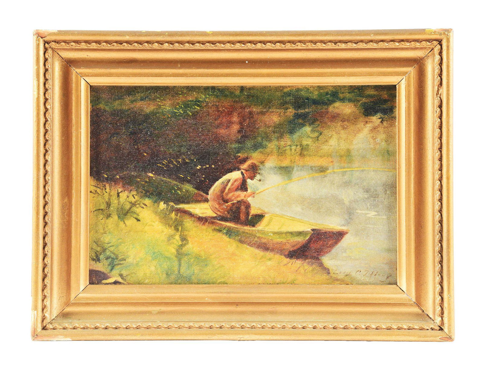LOUIS COMFORT TIFFANY (AMERICAN, 1848 - 1933) FISHING SCENE PAINTING, SIGNED. (1 of 4)