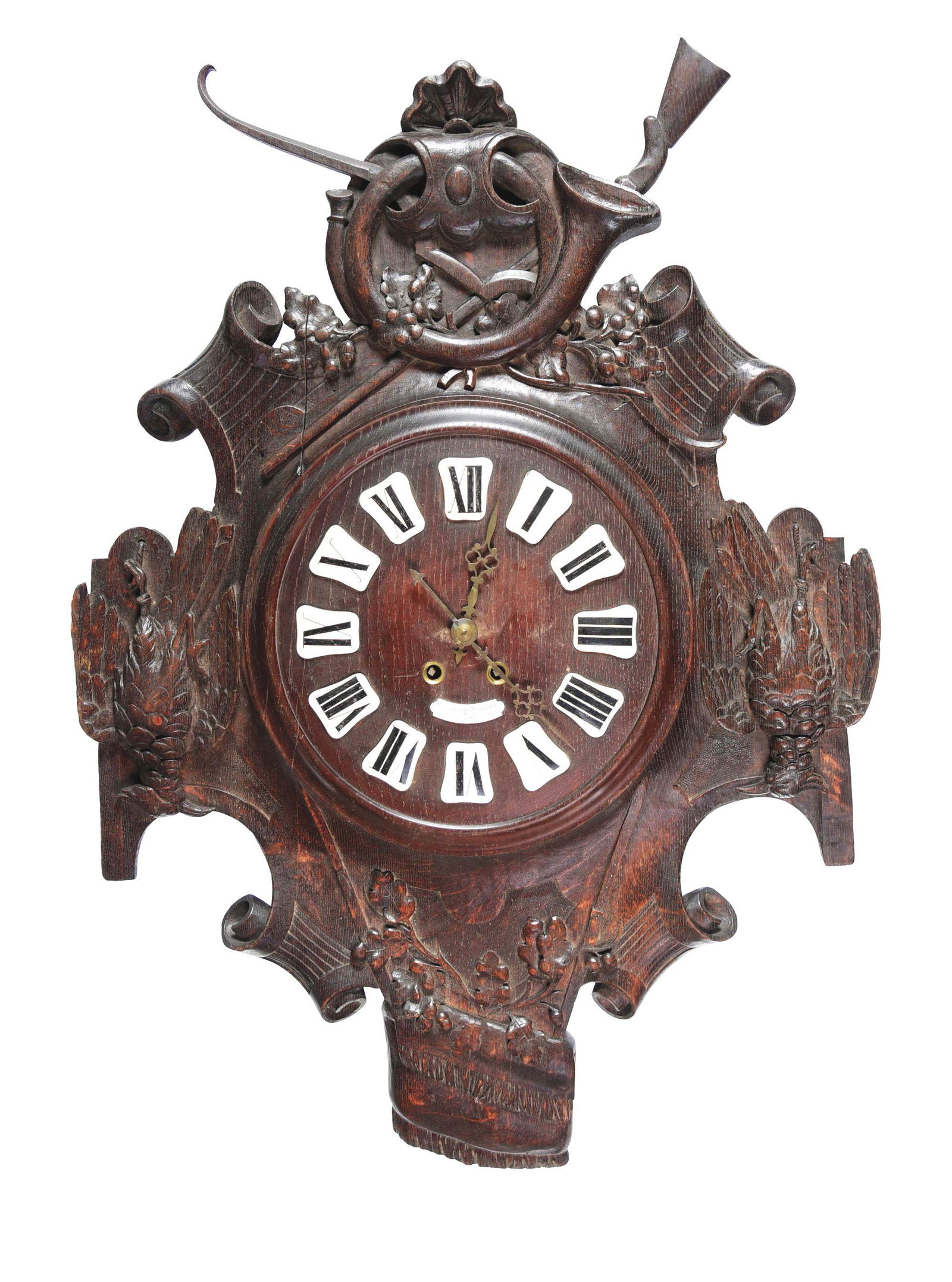 EXTENSIVELY CARVED 38" BLACK FOREST WALL CLOCK WITH HUNT THEME.: A beautiful large 19th century Black Forest 38" tall wall wood clock with a magnificent carved hunt theme. Includes musical instruments at the top, carved game birds on both side of the clock and vine