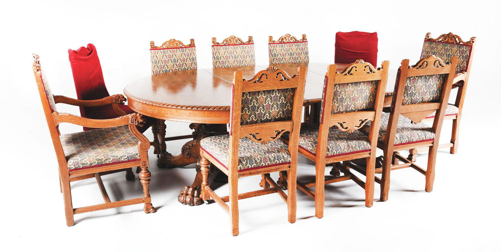 CLAW FOOT DINING TABLE W/ 10 CHAIRS AND 5 EXTENSION LEAVES. (1 of 15)