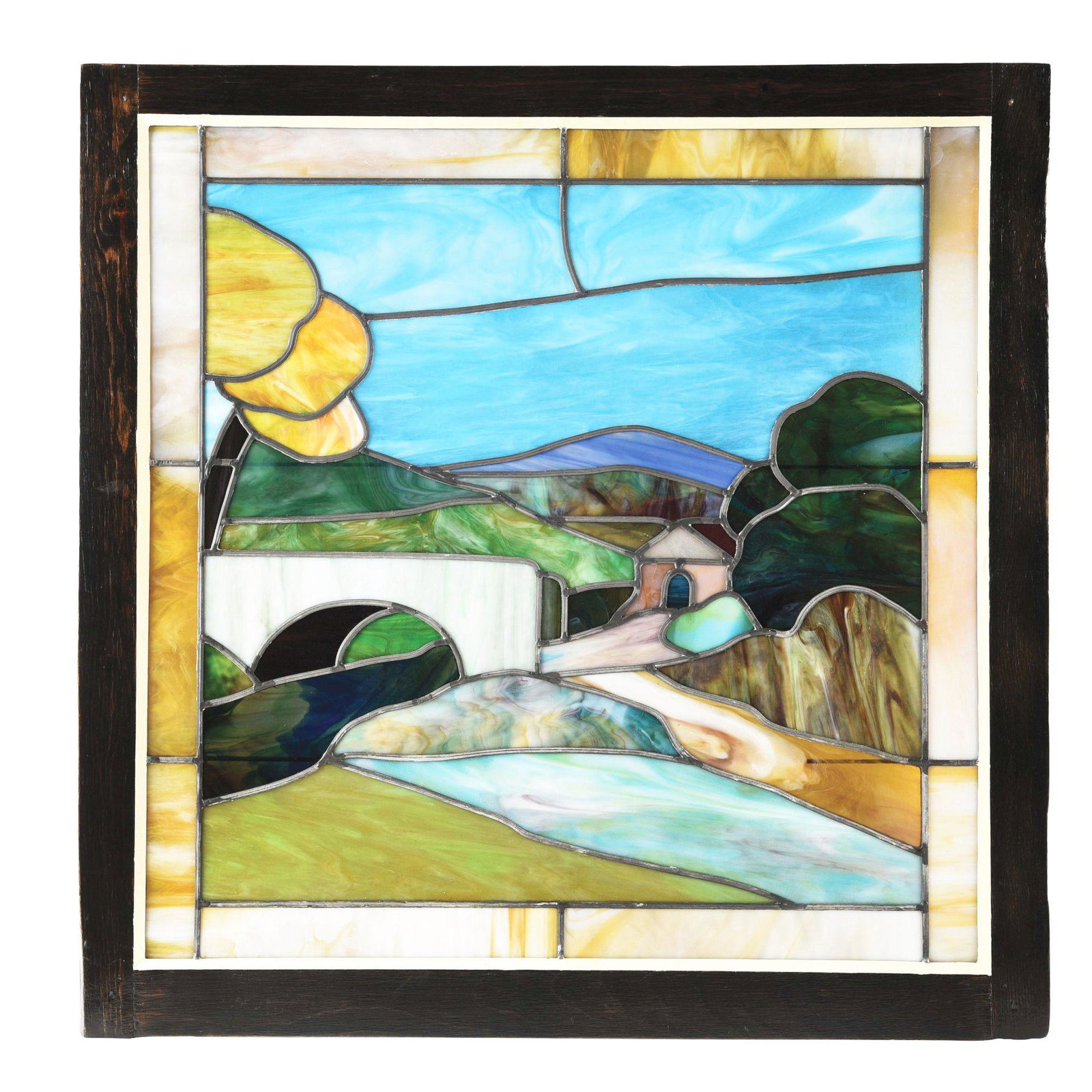 LANDSCAPE STAINED GLASS WINDOW.: Leaded glass window from 1940's. Nice color. No cracks. Condition: Excellent Dimensions: 34 - 1/2" x 34 - 1/2" x 1 - 1/4".