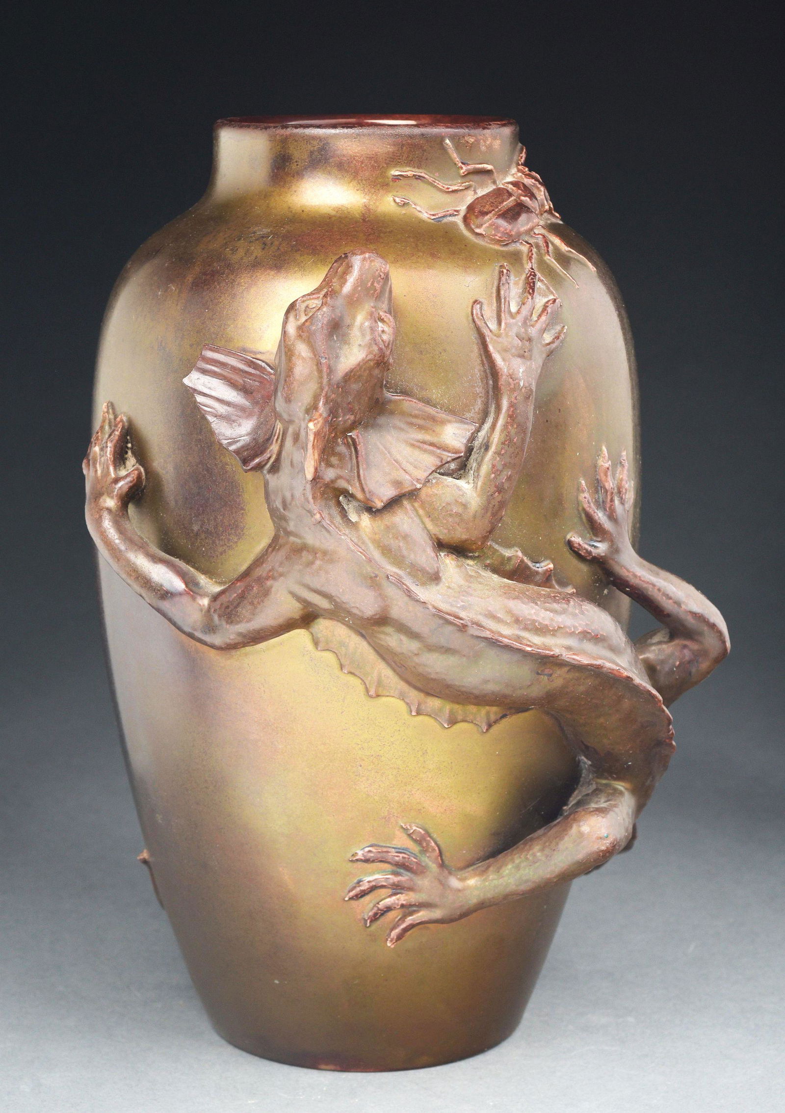 PETER IBSEN ENKE GLAZES STONEWARE SALAMANDER AND BEETLE VASE. (1 of 7)