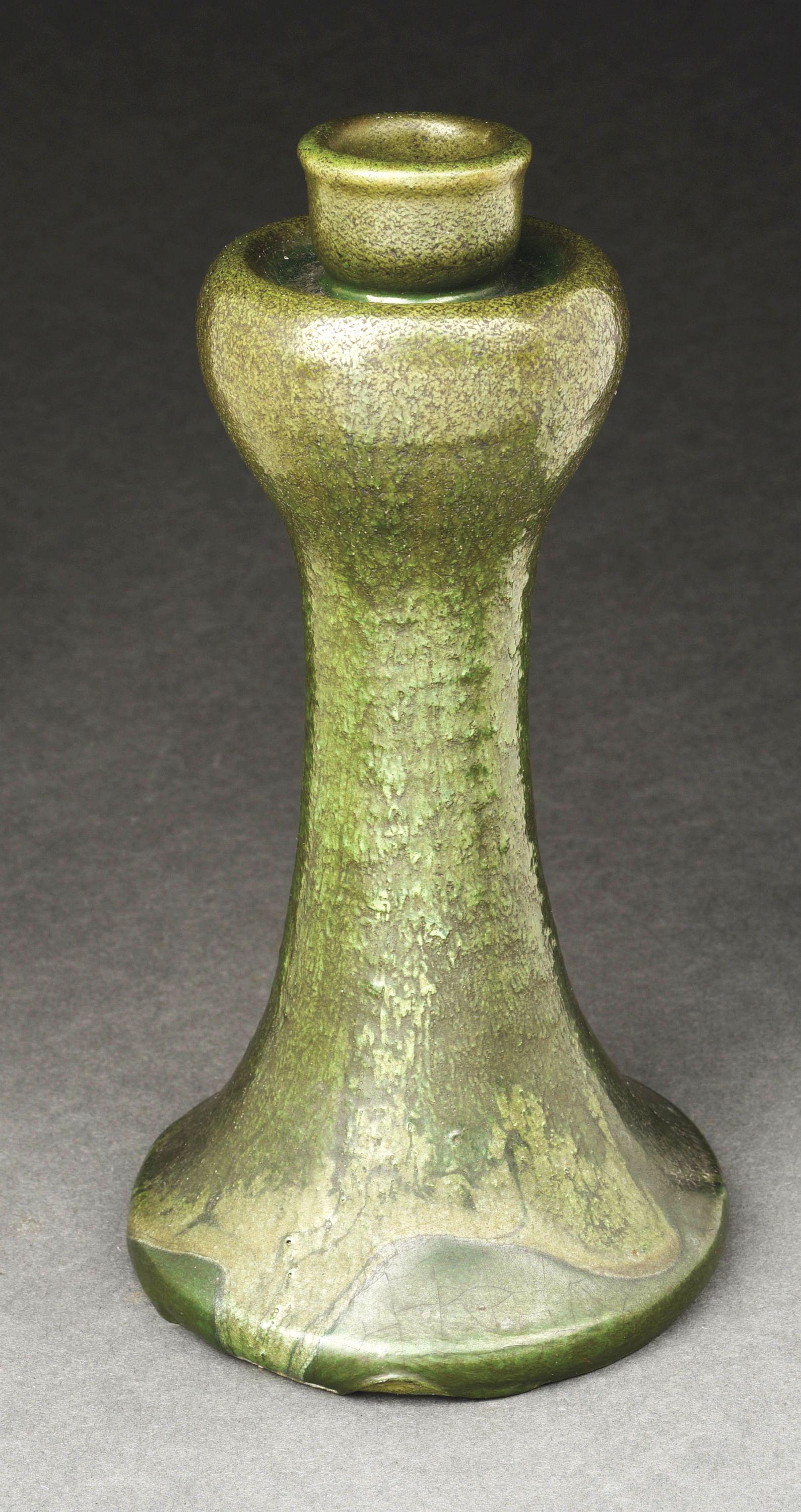 WILLIAM J. WALEY GREEN GLAZED EARTHENWARE CANDLESTICK. (1 of 6)