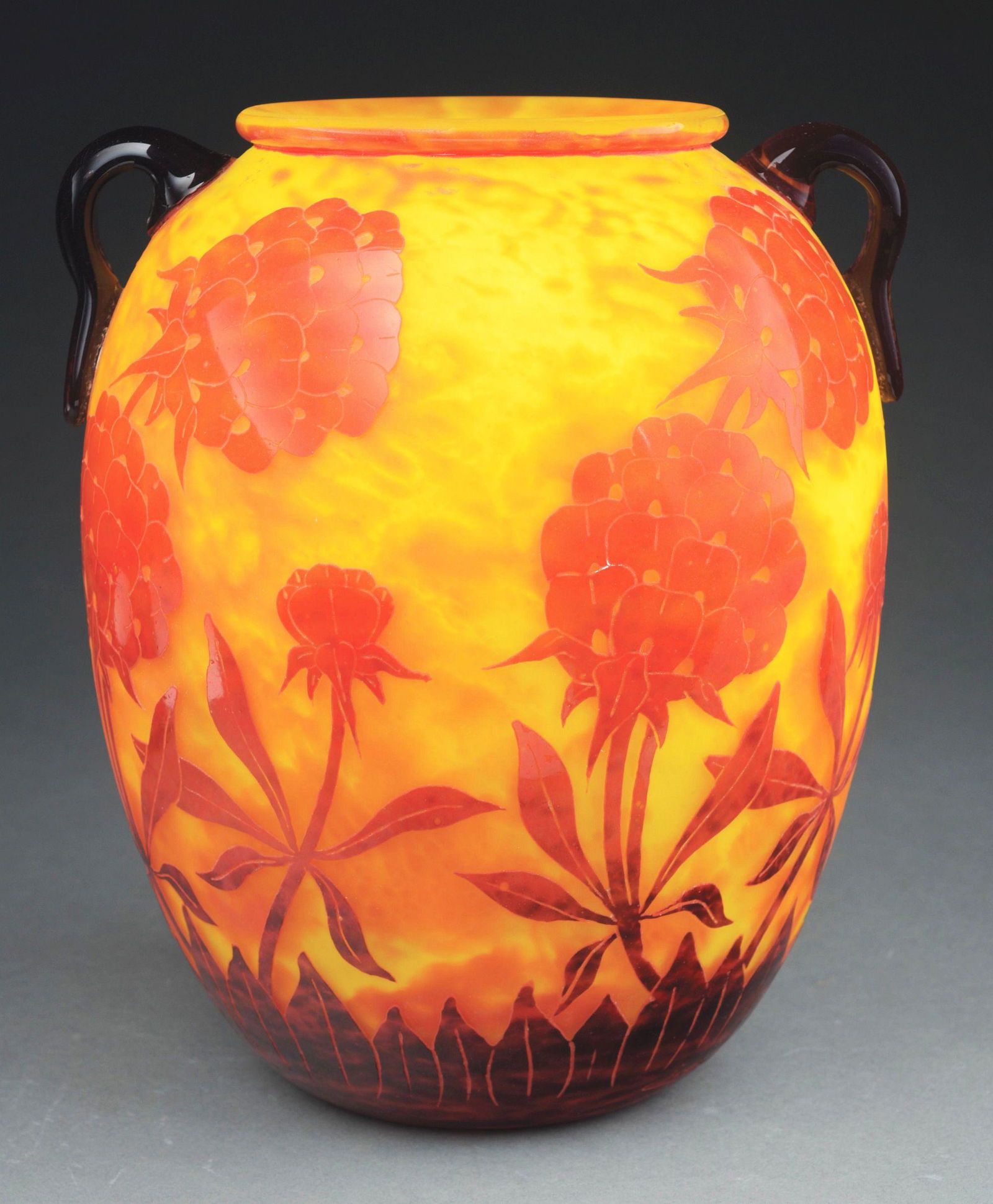 MONUMENTAL SCHNEIDER "LE VERRE FRANCAIS", "PIVOINES", TWO HANDLED CAMEO GLASS FRENCH ART DECO VASE.: Two-handled applied vase, signed "Charder" and "le Verre Francais", circa 1925. Condition: (Mint). Dimensions: 12 - 1/2" x 11" x 11".