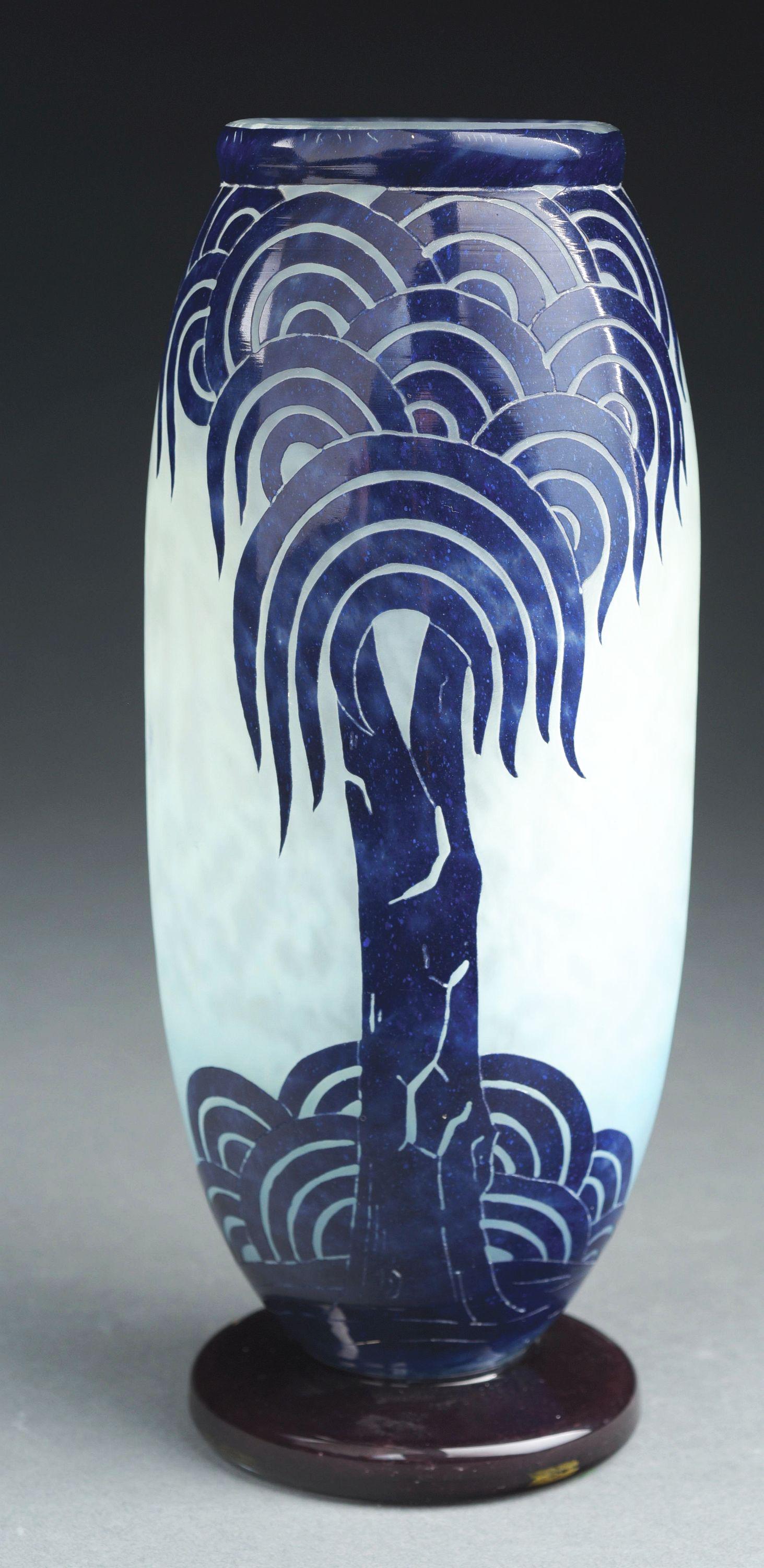 TALL SCHNEIDER "LE VERRE FRANCAIS", "PALMIERS BLEU" CAMEO GLASS FRENCH ART DECO VASE. (1 of 6)