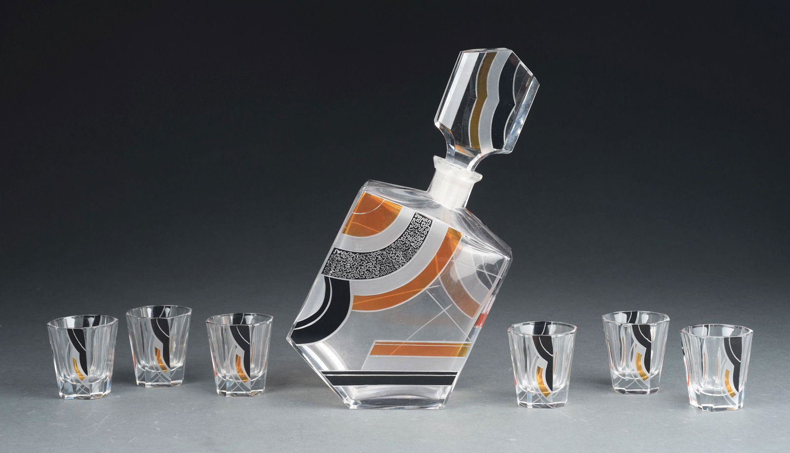 KARL PALDA CZECH ART DECO ENAMELED AND ETCHED DECANTER SET WITH 6 GLASSES. (1 of 2)