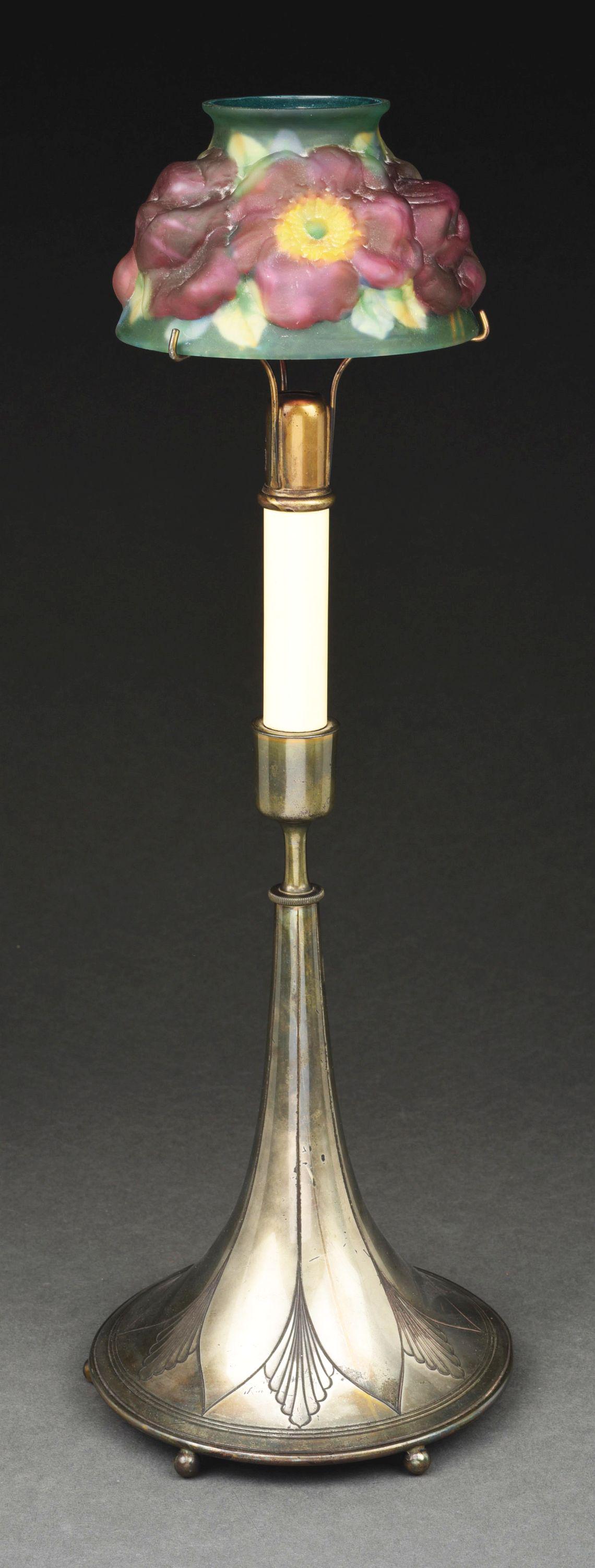 PAIRPOINT CANDLE LAMP WITH ROSE SHADE. (1 of 6)