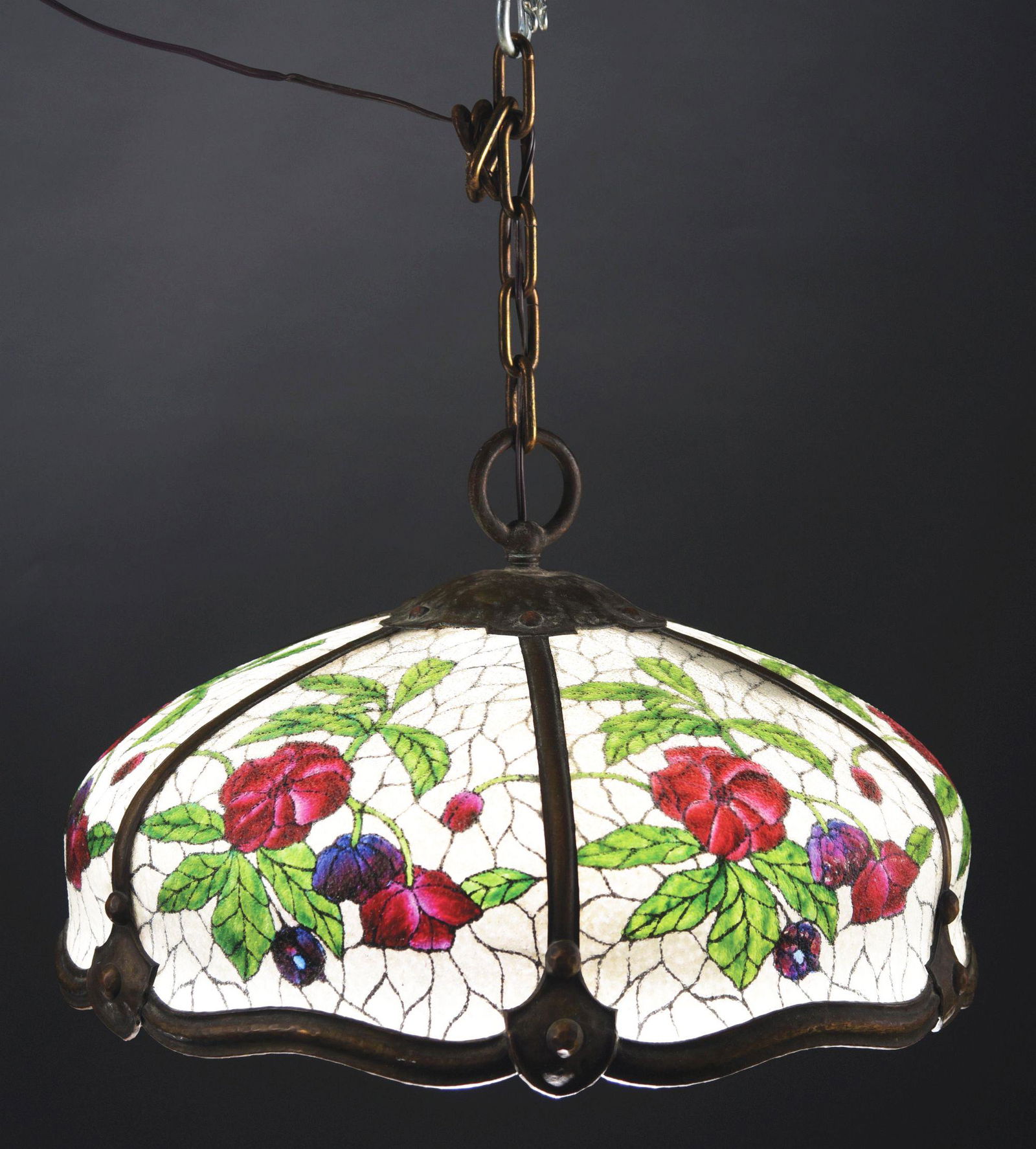 JOHN MORGAN CHANDELIER.: A beautiful hanging lamp by John Morgan and Sons, c. 1905. The glass panels of the 23 - 1/2” shade are reverse painted with lovely red and purple roses amongst green leaves, all set against a fr