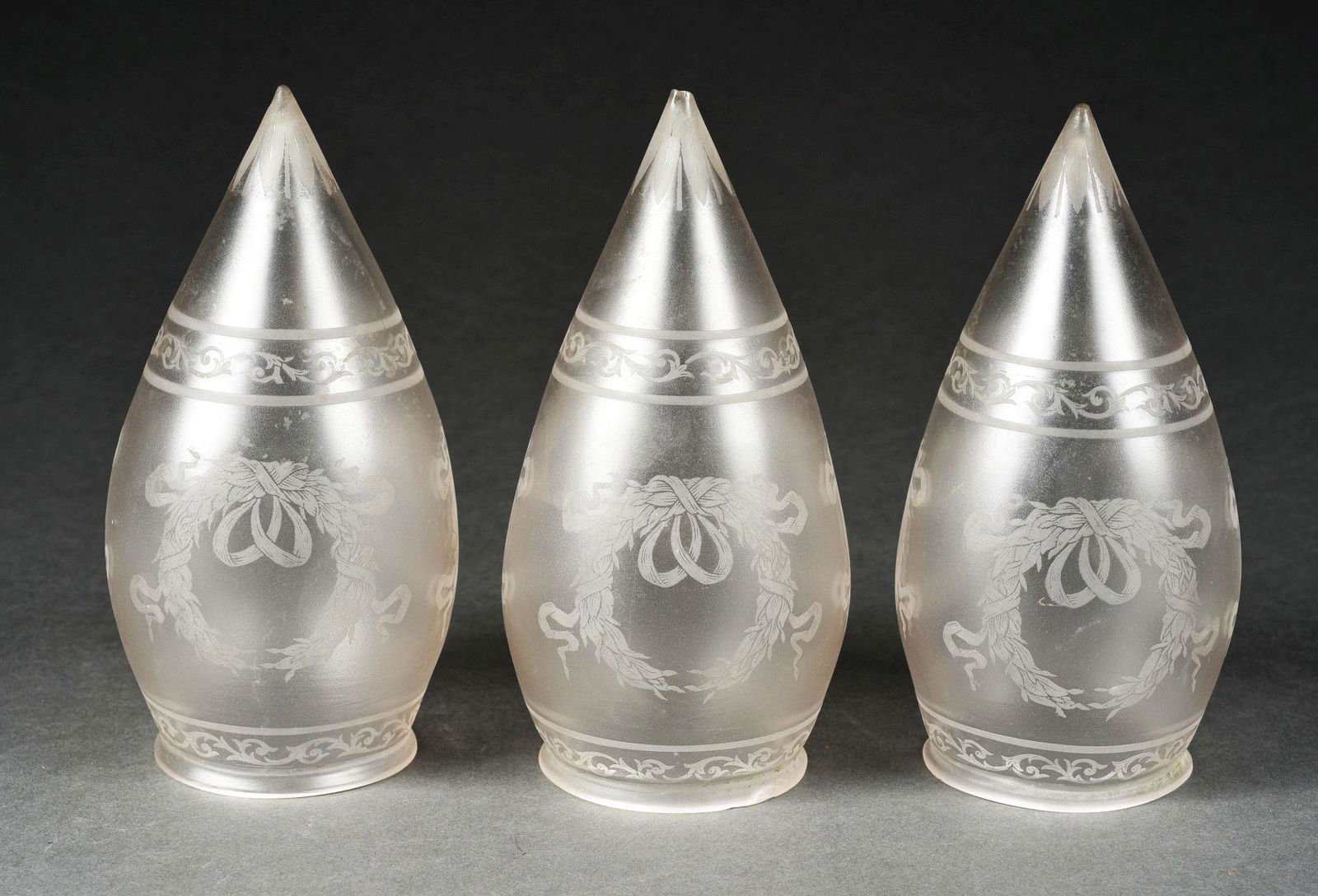 LOT OF 3: ETCHED GLASS BULLET LAMP SHADES. (1 of 3)