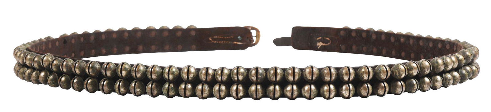 STRAP OF DOUBLE ROW BELLS.: Double strap of 1" bells, missing 1. 139 bells total. 1 bell pulling away, condition would improve with cleaning. Single throat, 2 holes, no maker marks. Original leather strap. Condition: (Fair). Dim