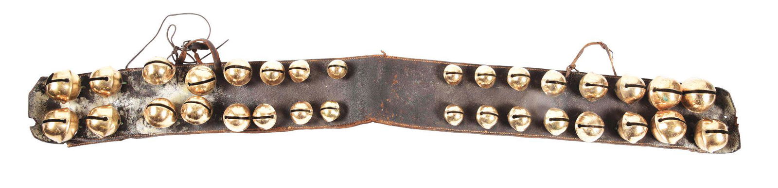 BODY OR RUMP STRAP.: From center going each way in double rows: there are 6 bells numbered 6 to 10, then 4 numbered 11 to 15. Markings have been highly polished, some not visible. No makers marks present. Strap is fair, d