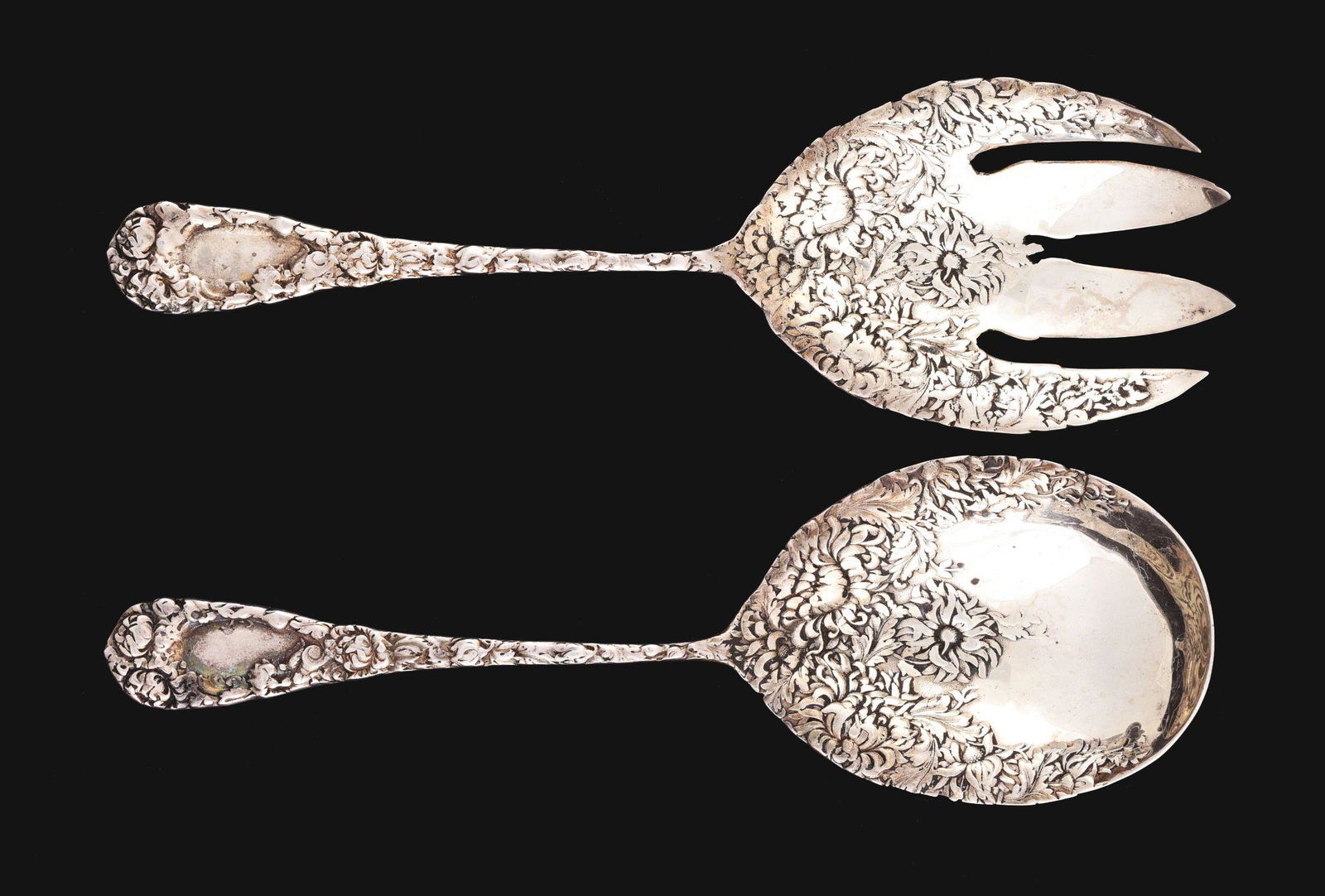 LOT OF 2: STERLING SILVER REPOUSSE CHRYSANTHEMUM SALAD SERVERS. (1 of 13)