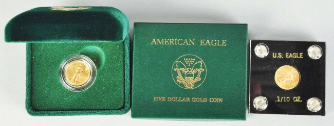 Lot of 2: 1/10-Ounce $5 Gold US Eagle Pieces.: Includes 1989 and 1986.