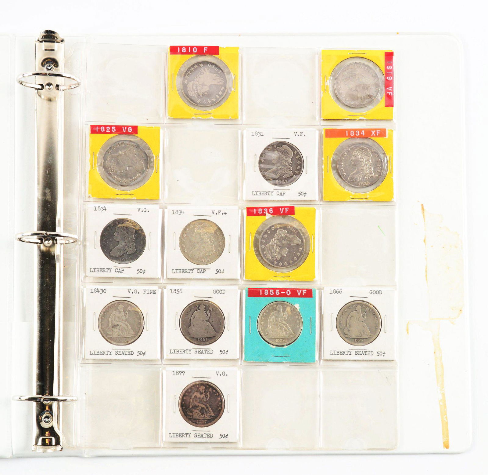 LOT OF 13 HALF-DOLLAR COINS, 8 BUST AND 5 SEATED LIBERTYS IN ALBUM. (1 of 2)