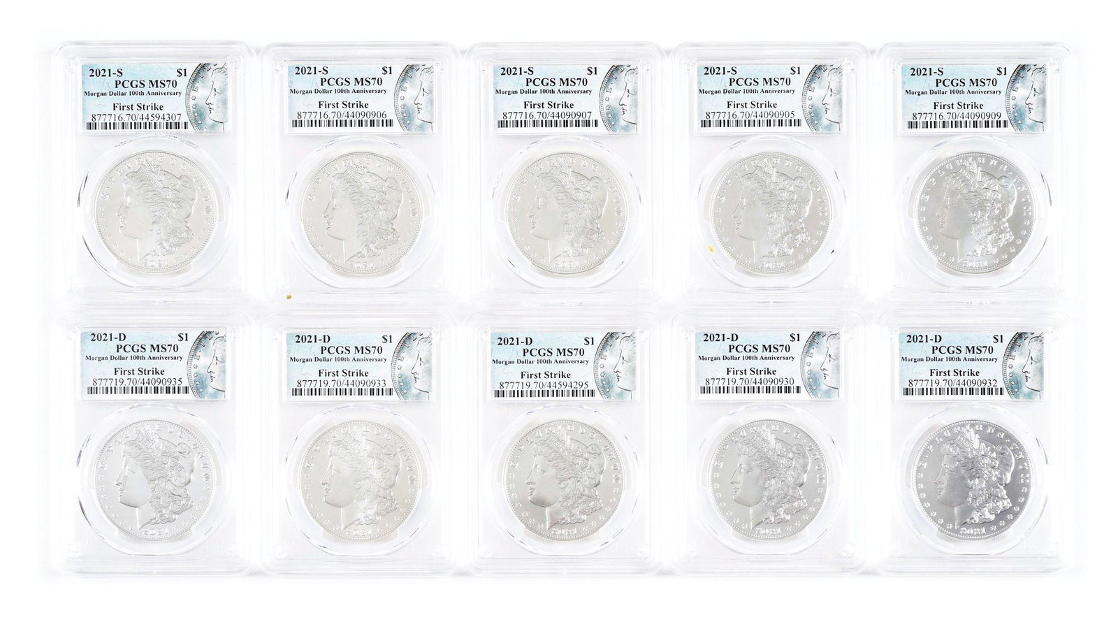 LOT OF 10: 2021 MORGAN SILVER DOLLARS, ALL MS70 PCGS. (1 of 2)