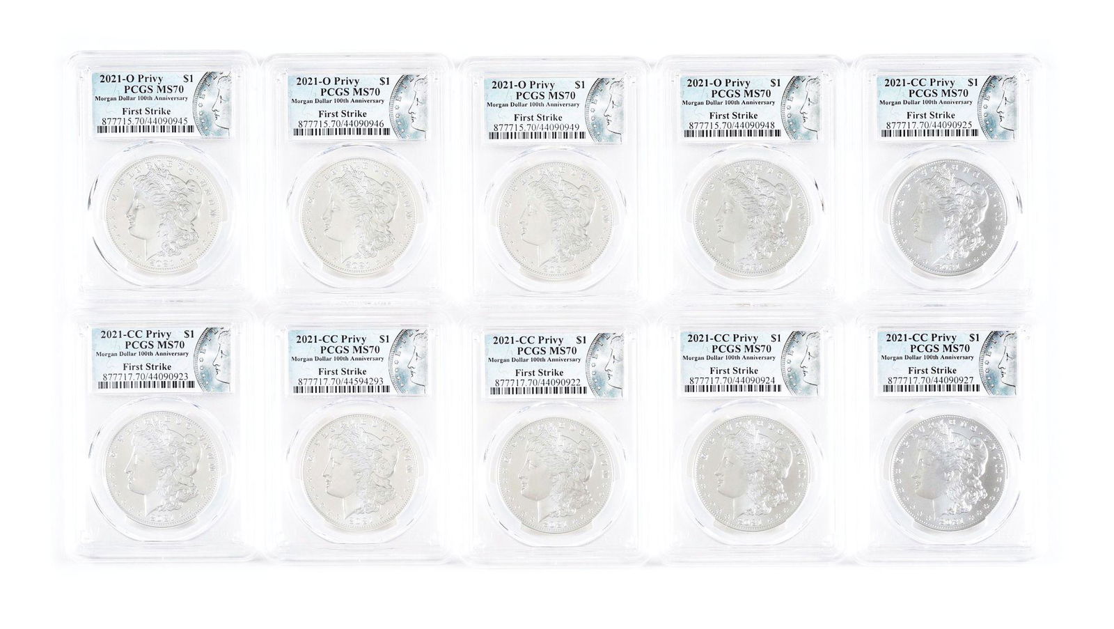 LOT OF 10: 2021 MORGAN SILVER DOLLARS, ALL MS70 PCGS. (1 of 2)