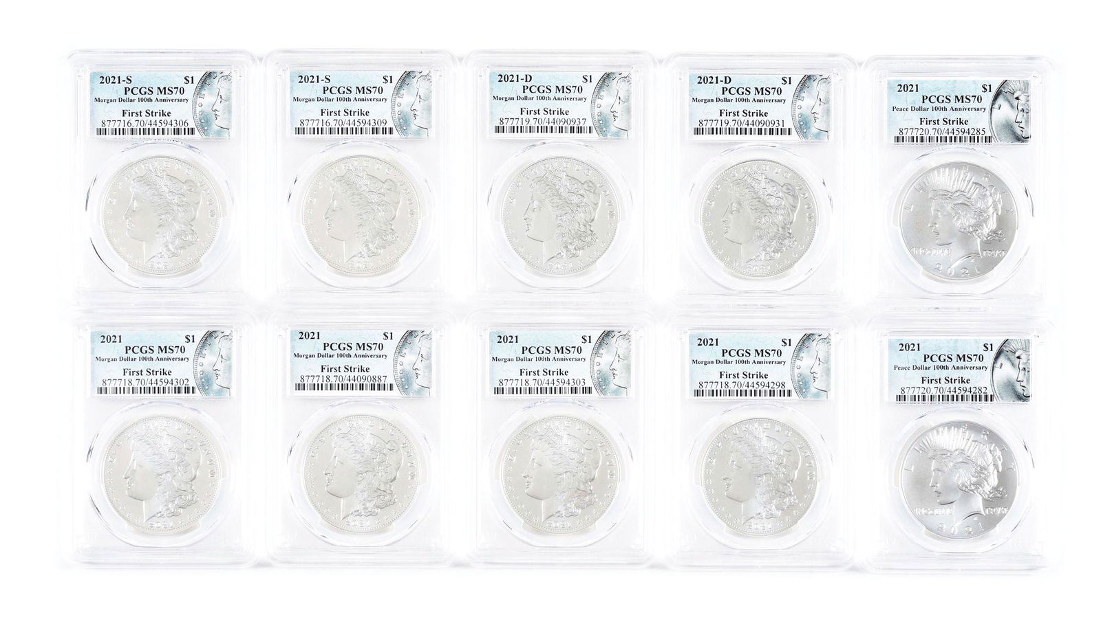 LOT OF 10: 8 2021 MORGAN SILVER DOLLARS AND 2 PEACE SILVER DOLLARS, PCGS. (1 of 2)