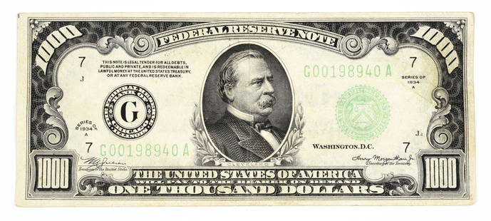 $1000 PAPER CURRENCY FEDERAL RESERVE NOTE.: Series 1934A, Chicago. Center fold, no tears. Condition: (VF).