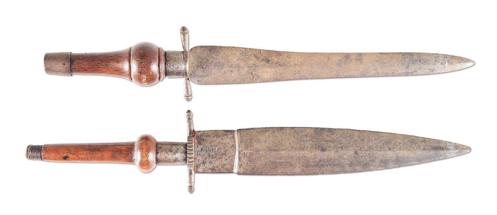 LOT OF 2: PLUG BAYONETS.: Lot consists of 2 plug bayonets. (A) Double edge blade with toward base and no ricasso. One edge with more wear than the other from likely use as a knife. Smooth metal, muted steel gray with dark gray