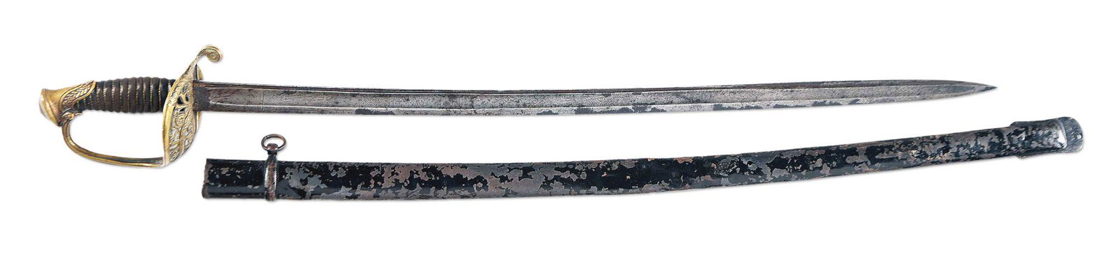 US CIVIL WAR M1850 STAFF AND FIELD OFFICER'S SWORD.: Civil War Model 1850 Staff and Field officer's sword with iron scabbard. The sword features a slightly curved, deeply fullered blade that is decorated with patriotic motifs. The obverse features folia